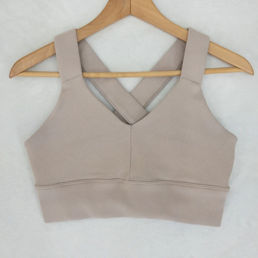 NO PADS Alo Yoga Sports Bra Womens Medium Taupe Ribbed Cross Activewear Emulate